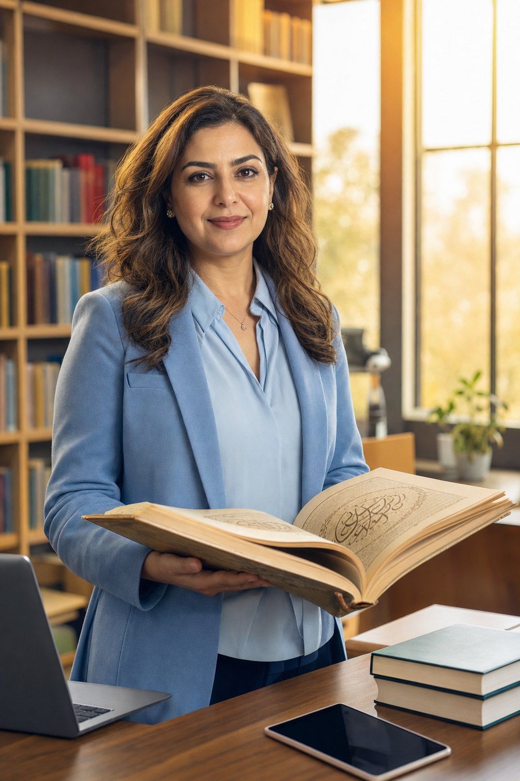 An Arabic-language teacher in a library holding an open textbook